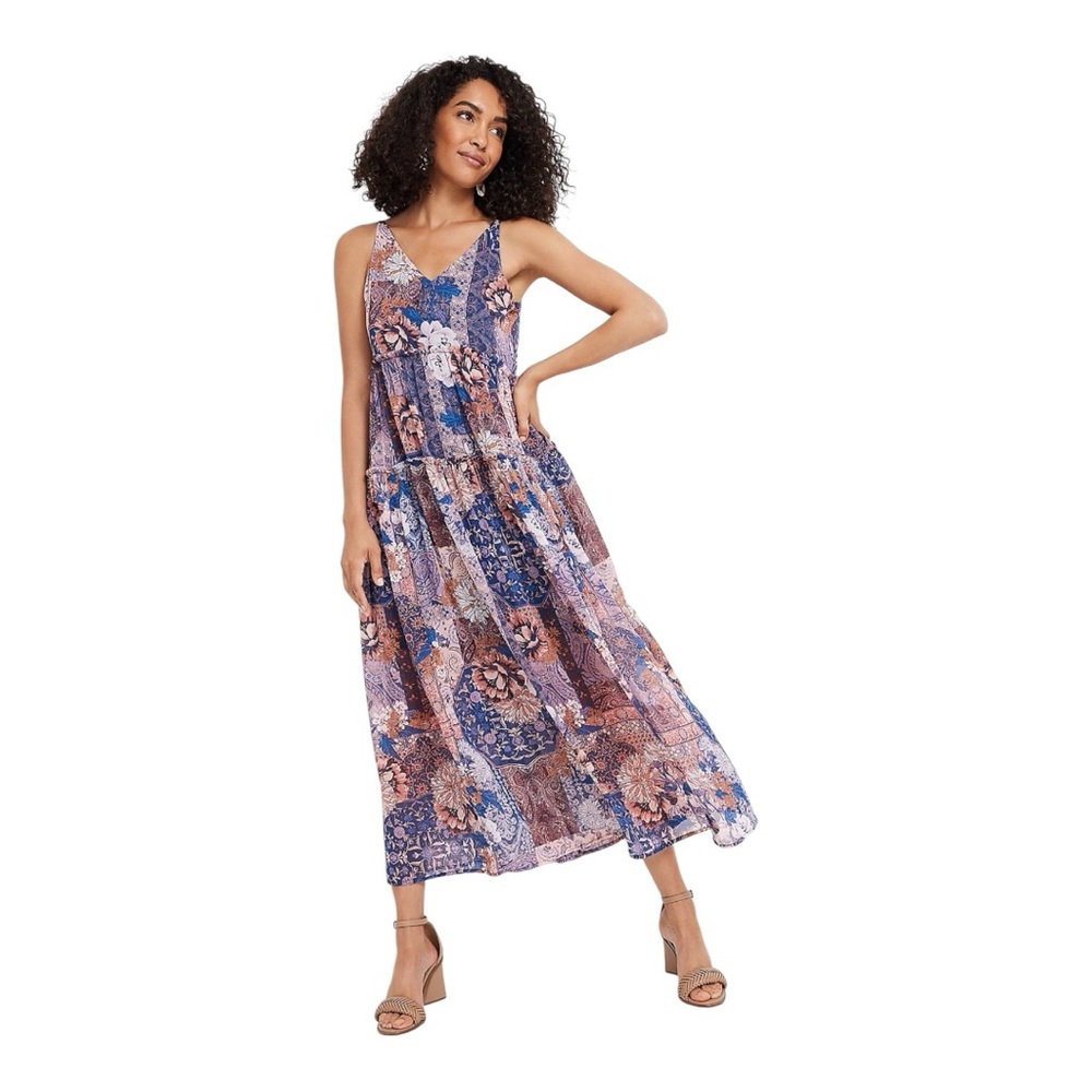 NWT’S Patchwork Tiered Floral Cottagecore V Sleeveless Maxi babydoll Dress M